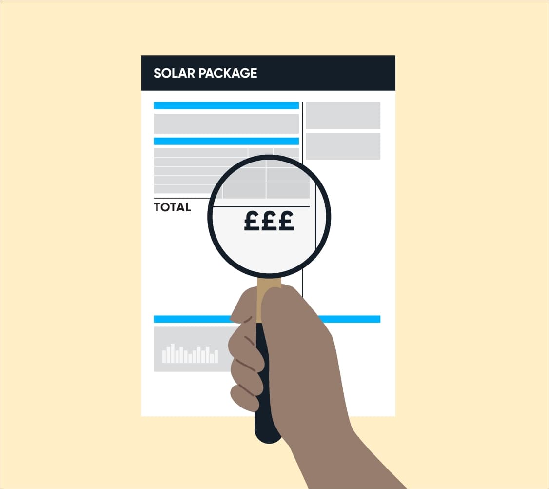 Illustration of a magnifying glass over a quote document, representing bespoke solar panel quotes for hospitality businesses.