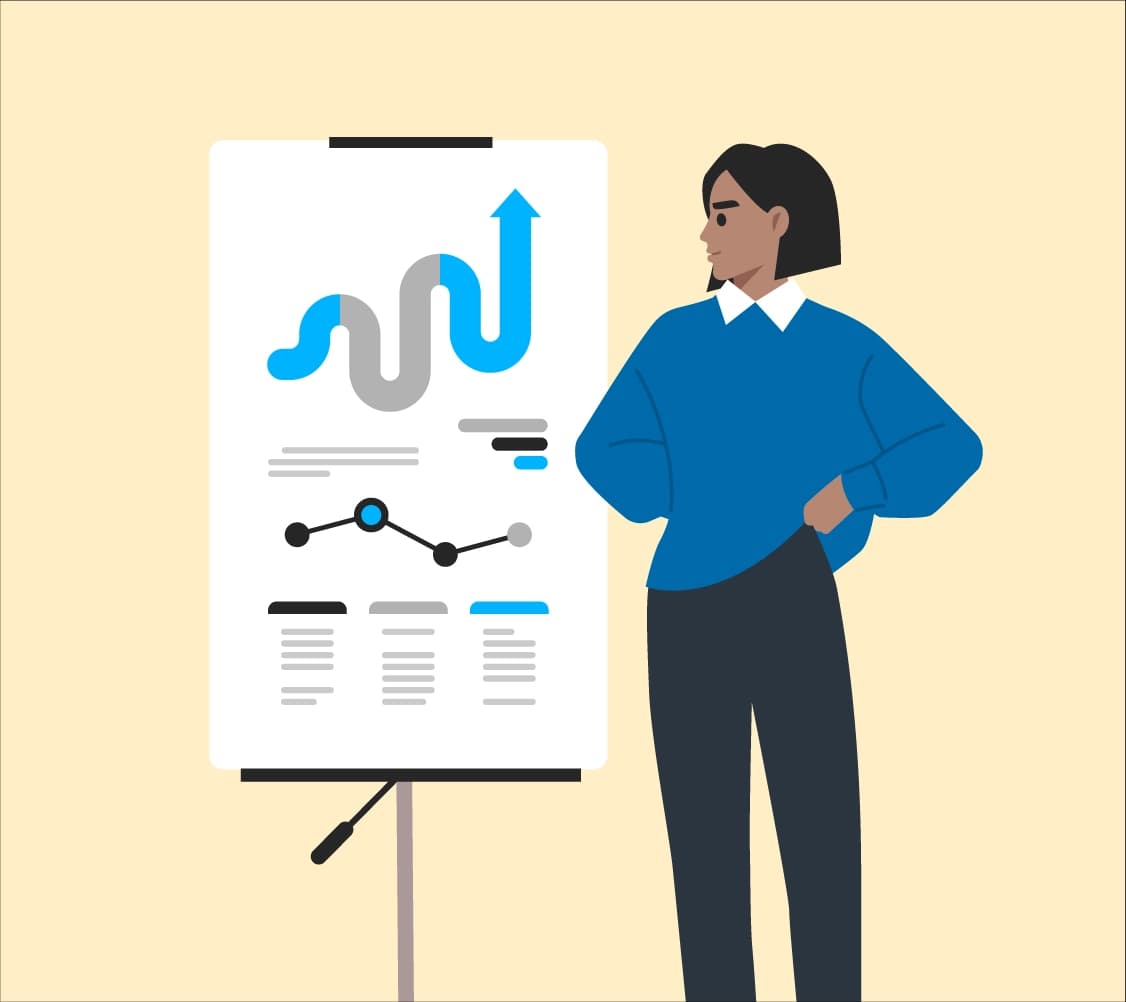 Illustration of a person presenting solar return on investment on a flipchart for hospitality and leisure businesses.