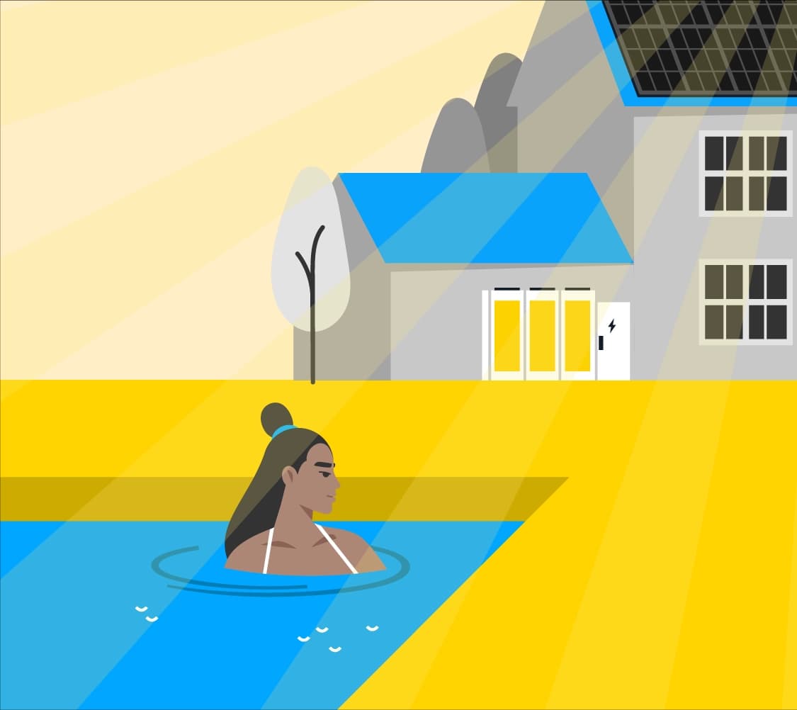Illustration of a person in a hotel swimming pool with solar batteries in the background storing excess energy from the sun.