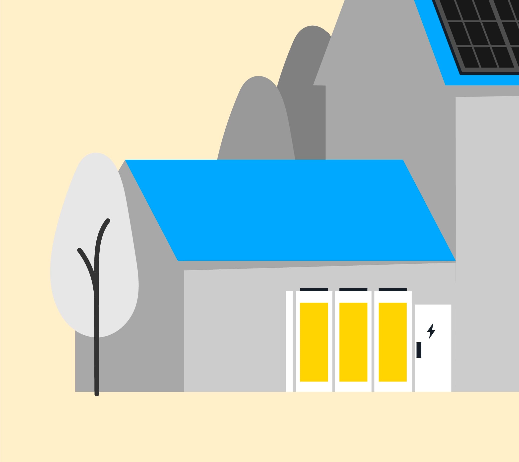 Illustration of a community building with solar batteries outside, storing excess energy generated from the sun.